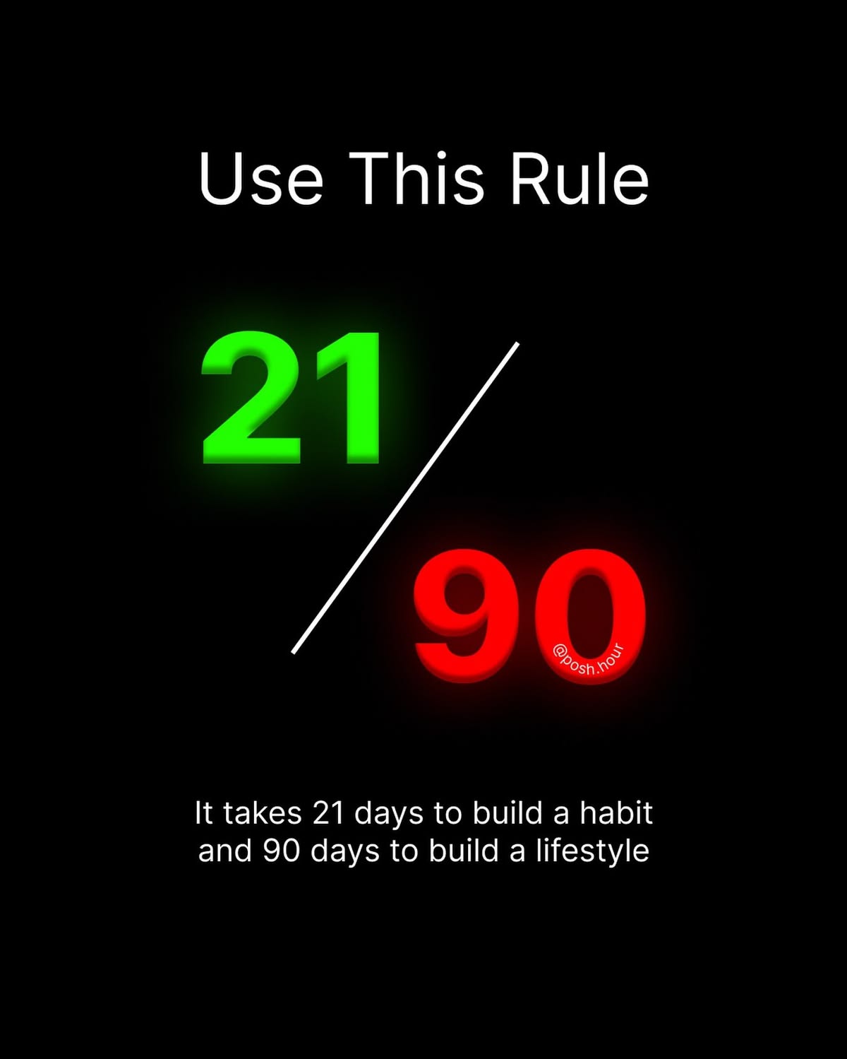 A black graphic with the text 'Use This Rule' at the top, large glowing numbers '21' in green and '90' in red separated by a white diagonal slash, and smaller white text below reading 'It takes 21 days to build a habit and 90 days to build a lifestyle.'.