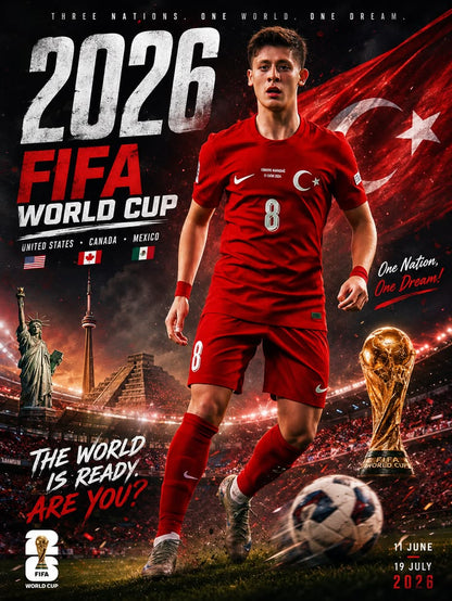 Promotional poster for the 2026 FIFA World Cup featuring a soccer player in a red uniform with a flag and World Cup trophy in the background.