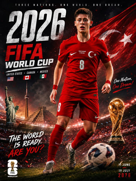 Promotional poster for the 2026 FIFA World Cup featuring a soccer player in a red uniform with a flag and World Cup trophy in the background.