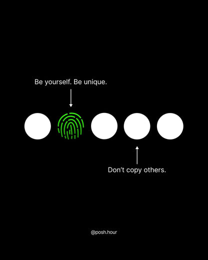 A minimalist black graphic with five white circles in a row, where the second circle is filled with a bright green fingerprint pattern. White text above reads 'Be yourself.