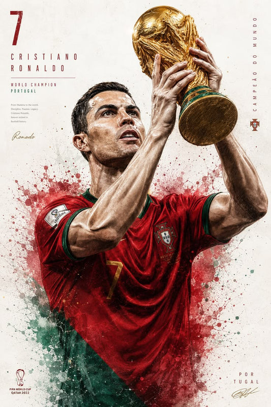 Soccer player holding a trophy with a red and green background