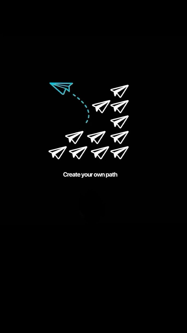 A black background with a stylized graphic of white paper airplanes, one of which is highlighted with a teal outline and a dashed arrow curving upward. Below the graphic, the text reads 'Create your own path' in white.