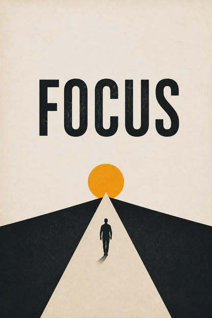A minimalist motivational poster with the word 'FOCUS' in large black letters above a small walking figure on a road leading to a yellow sun.