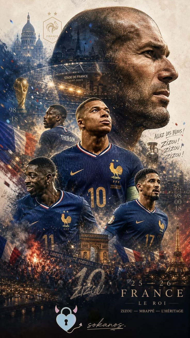 Collage of soccer players with a prominent figure in the center, set against a cityscape background.