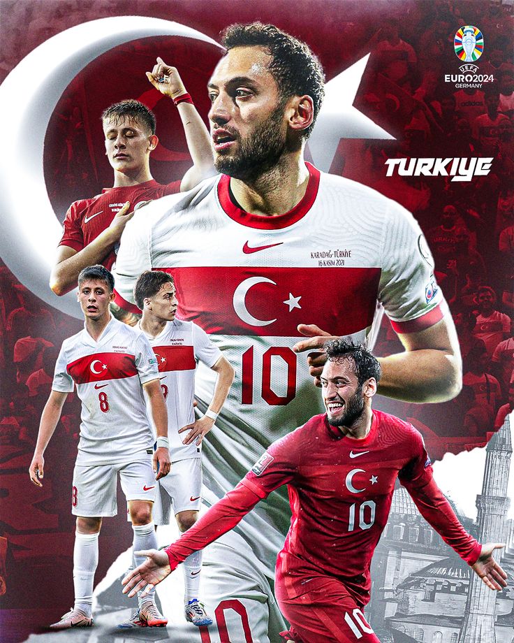 Collage of Turkish soccer players in red and white uniforms with a prominent Turkish flag design.