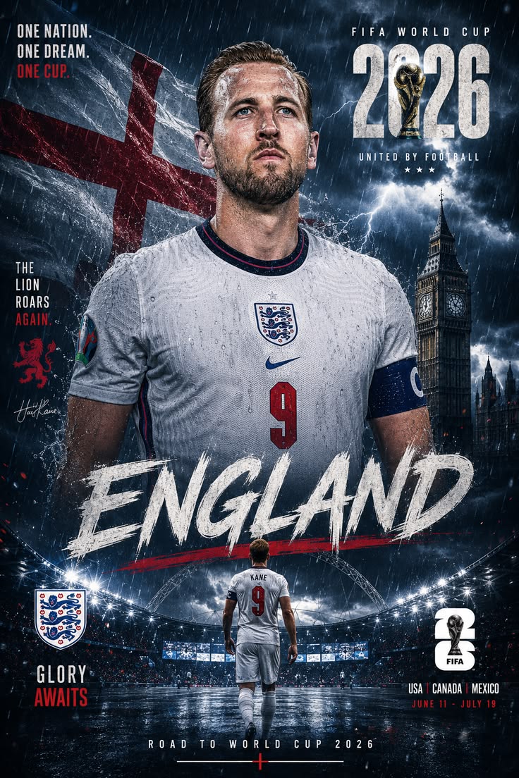 Promotional poster for England's participation in the 2026 FIFA World Cup, featuring a soccer player and iconic landmarks.