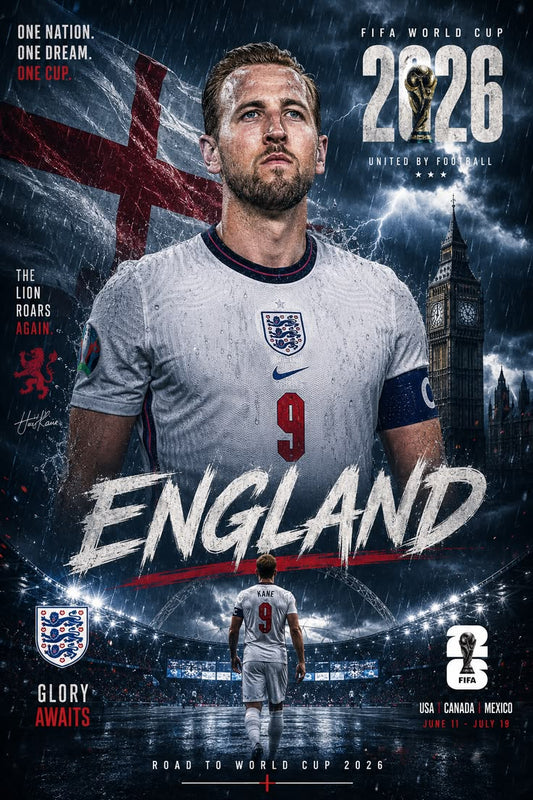 Promotional poster for England's participation in the 2026 FIFA World Cup, featuring a soccer player and iconic landmarks.