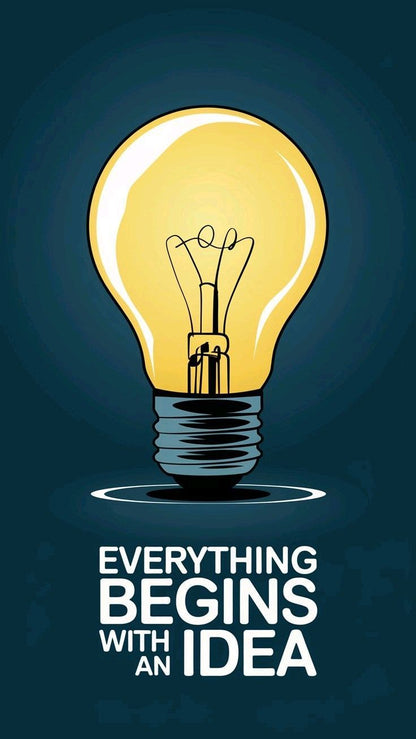 A stylized illustration of a glowing light bulb on a dark blue background with the text 'EVERYTHING BEGINS WITH AN IDEA' below it.
