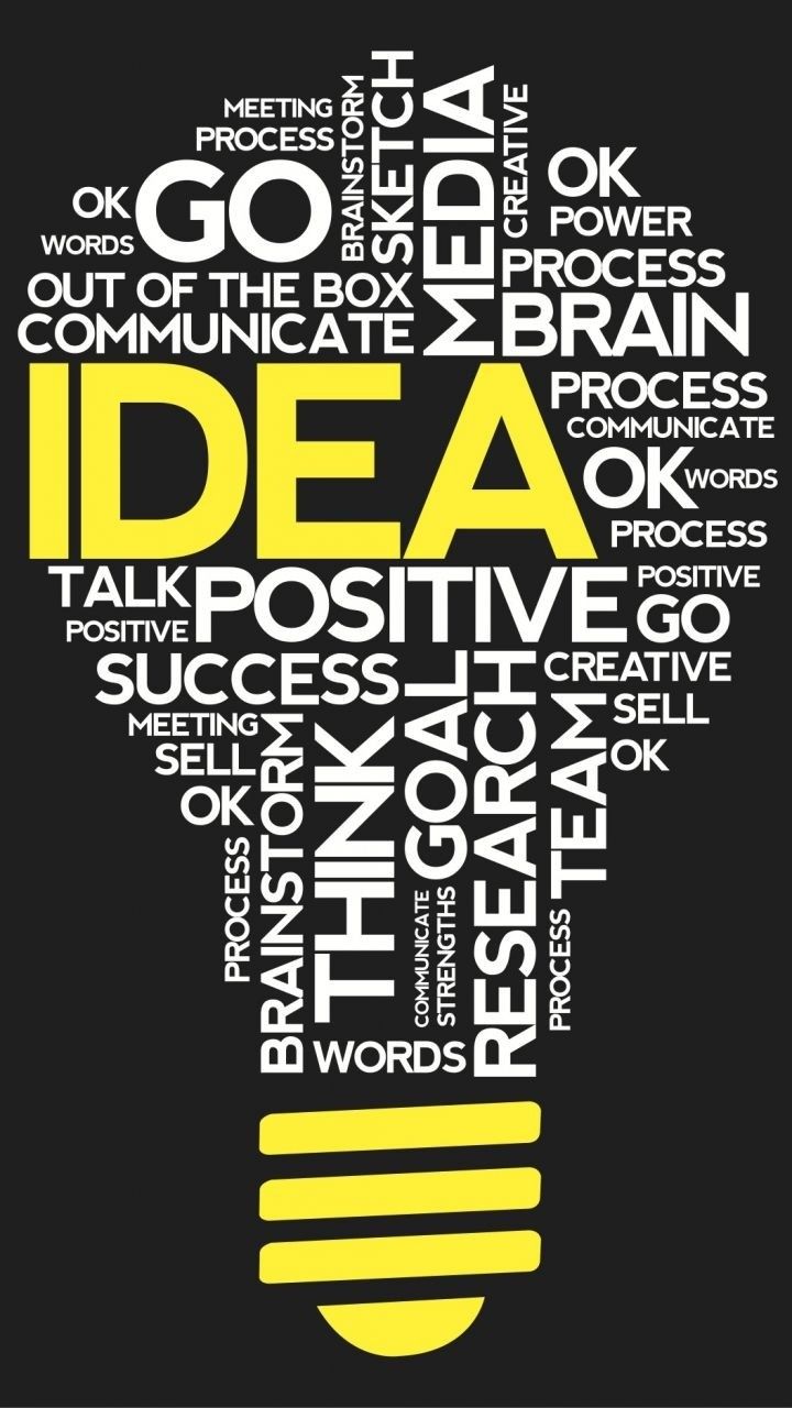 A black square graphic with a light bulb shape made of white and yellow words and phrases, including IDEA, SUCCESS, THINK, RESEARCH, and TEAM, with a yellow light bulb icon at the bottom.