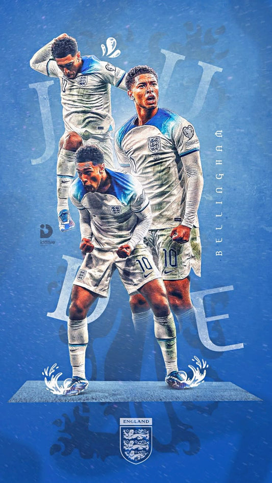 Collage of a soccer player in action with 'JUDE' text on a blue background