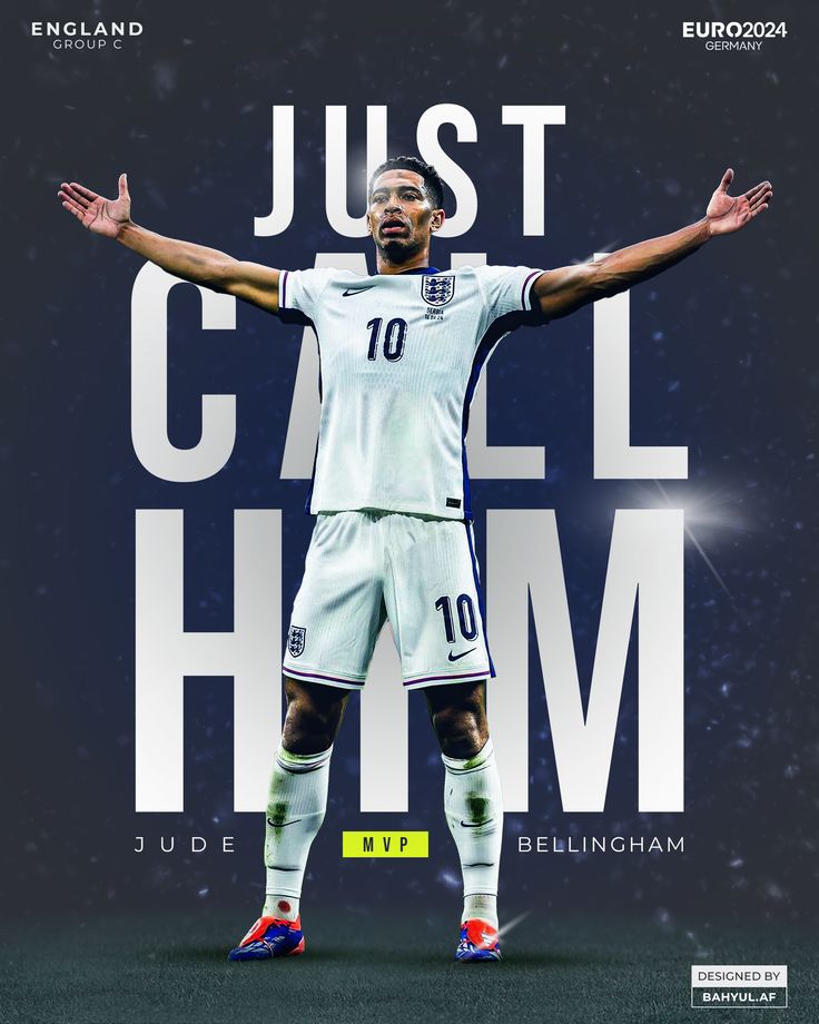 Soccer player in a white jersey with 'Just Call Him' text and 'Jude Bellingham MVP' on a dark background.