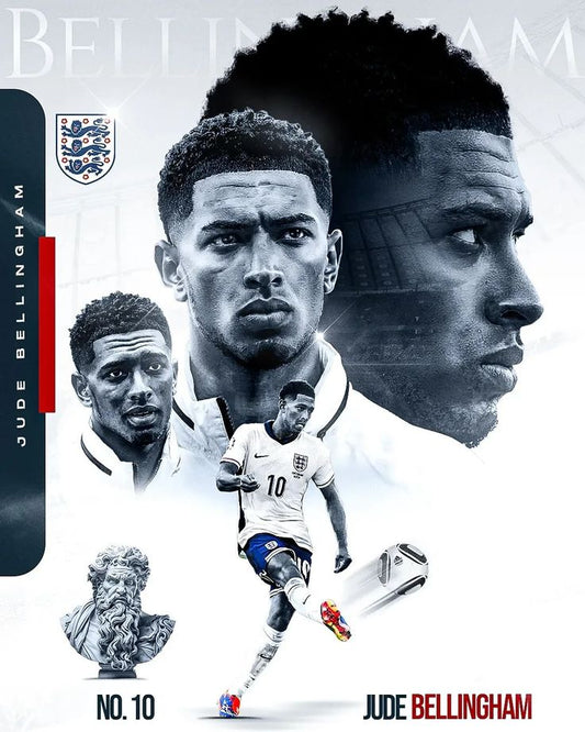 Soccer player Jude Bellingham with England national team jersey and Nike cleats on a promotional poster.