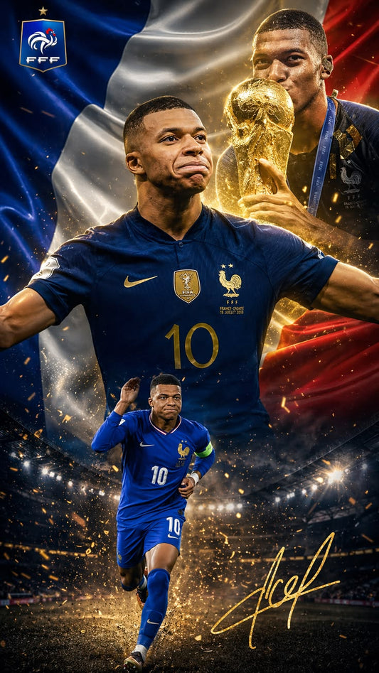 Soccer player in blue jersey with number 10, holding a trophy against a colorful background.