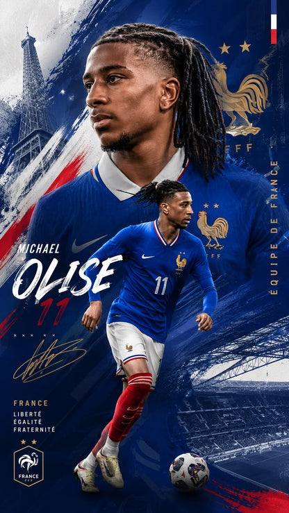 Soccer player in France jersey with Eiffel Tower and national emblem in background