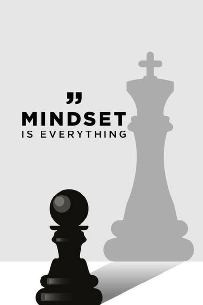 Chess pieces with a quote 'Mindset is Everything' on a light gray background