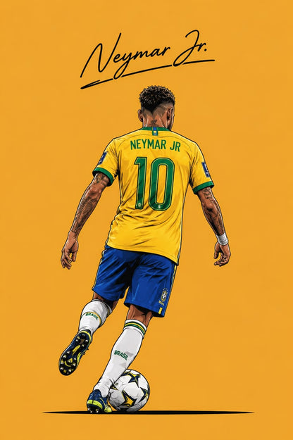 Illustration of Neymar Jr. in a Brazil soccer jersey on an orange background