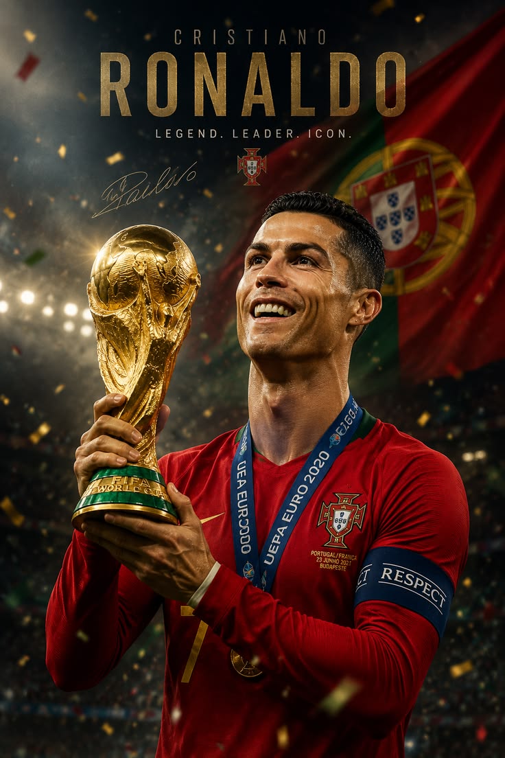 Cristiano Ronaldo holding a World Cup trophy with a Portuguese flag in the background