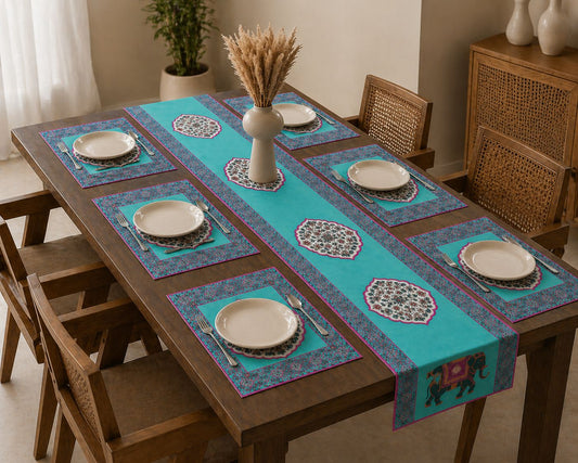 Mughal Elephant Turquoise Table Runner & Placemat Set